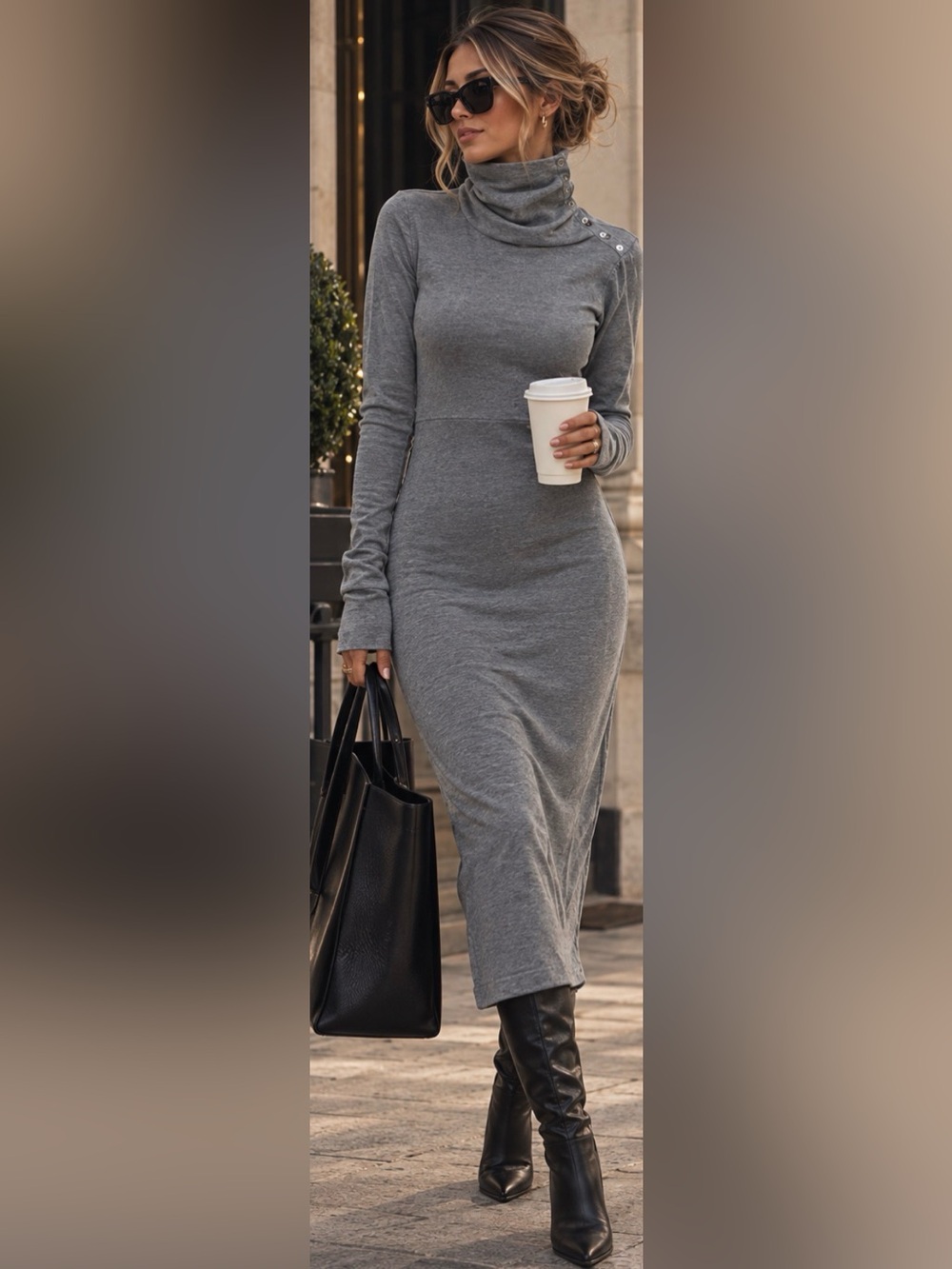 Diane von Furstenberg DVF Gray Asymmetric Snap Cowl turtle Neck Midi Dress